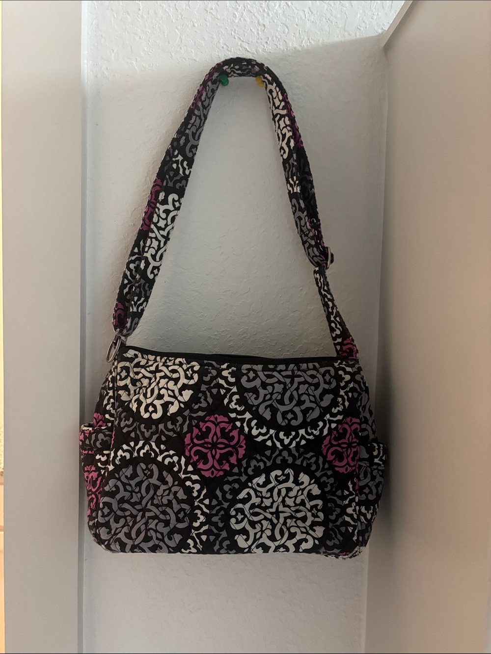 Vera Bradley Quilted Patterned Shoulder Bag in Black, Gray & Pink